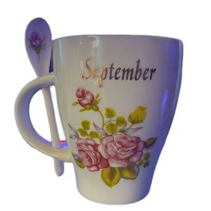 Adeline September Fine Porcelain Floral Teacup with Attached Spoon